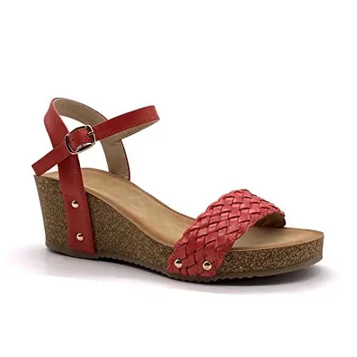 Produktbild: Angkorly - Damen Schuhe Sandalen Schuh-Mule - Plateauschuhe - Praktisch - Bequeme - Geflochten - Nieten-Besetzt - Kork Keilabsatz high Heel 6 cm - Rot 7 FD-42 T 36