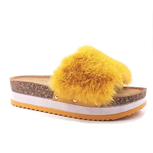 Produktbild: Angkorly - Damen Schuhe Schuh-Mule - Step - Plateauschuhe - große Sohle - Nieten-Besetzt - Kunstpelz - Kork Keilabsatz high Heel 3.5 cm - Gelb 10 OP117 T 38