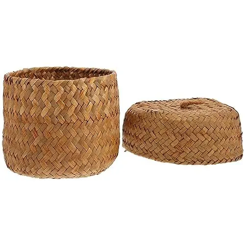 Produktbild: Angoily Handgeflochtener Seegraskorb Mit Deckel Mini-Blumenkorb Runde Kleine Seegrasbox Runder Seegras-Aufbewahrungskorb Schreibtisch-Aufbewahrungskorb Mini-Geschenkverpackungsbox Für