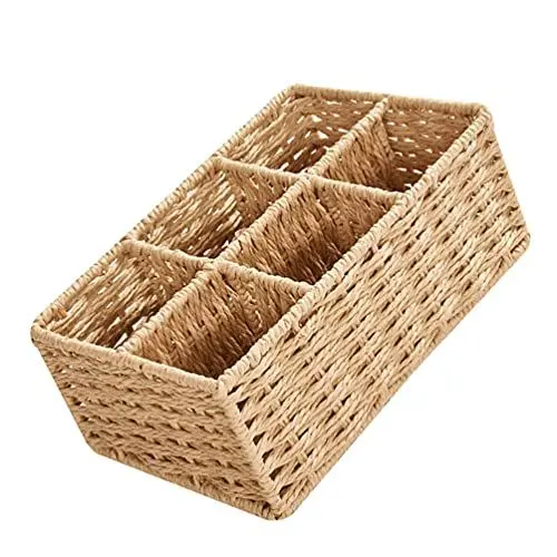 Produktbild: Angoily Strohaufbewahrungskörbe mit Fächern 6 Gitter Hand Gewebt Körbe Desktop Caddy Organizer Aufbewahrungsbehälter Wäsche Hampers Sundry Box für Wohnküche Badezimmer