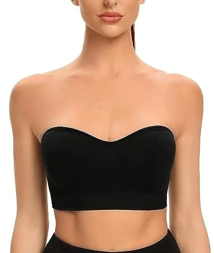 Produktbild: ANGOOL Damen Trägerloser BH Push Up ohne Bügel Bandeau Top Damen Gepolsterter Seamless Rutschfestes Silikon mit Transparenten Trägern, Schwarz, M