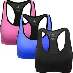 Produktbild: ANGOOL Damen Komfort Klassische Racerback Sport BH Top Fuer Yoga Fitness-Training, Schwarz+blau+rosa, M Fit 70DD 70E 75D 80BC 85BC