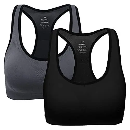 Produktbild: ANGOOL Damen Komfort Klassische Racerback Sport BH Top Fuer Yoga Fitness-Training, XL Fit 85DD 90D 90DD 95BC 95D, Schwarz+grau-Lot de 2