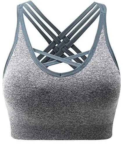 Produktbild: ANGOOL Damen Sport BH ohne Bügel Gepolstert Yoga Bra Kreuz Rücken Sport Bustier für Jogging Fitness , Grau , XL
