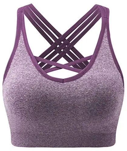 Produktbild: ANGOOL Damen Sport BH ohne Bügel Gepolstert Yoga Bra Kreuz Rücken Sport Bustier für Jogging Fitness , Violett , S