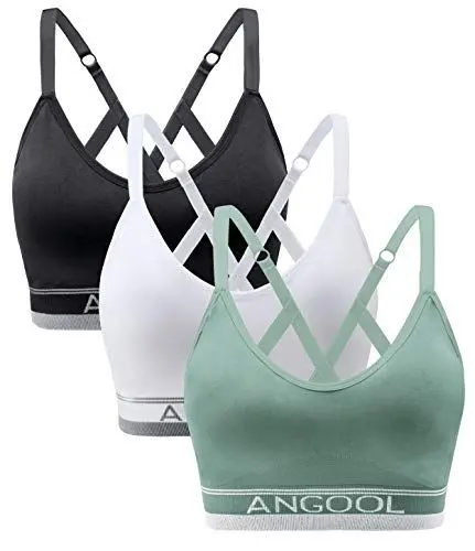 Produktbild: ANGOOL Sport BH Damen Einstellbarer Schultergurt Sport Bustier Damen Gepolstert Starker Halt Nahtlose Joggen Yoga Fitness Bra, 3er Pack, Schwarz + weiß + grün, L
