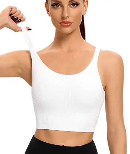 Produktbild: ANGOOL Sport BH Damen Starker Halt Push Up Einstellbarer Schultergurt Sport Bustier Damen Gepolstert Nahtlose Ribbed Ohne Bügel Joggen Yoga Fitness, Weiß, M