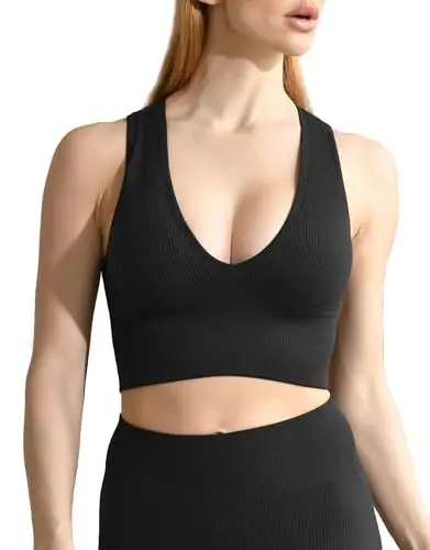 Produktbild: ANGOOL Sport BH Damen V-Ausschnitt Tank Top Damen Ribbed Mittlerer Halt Crop Top Gepolstert Seamless für Yoga Fitness Joggen Alltägliche Oberteile, Schwarz, L