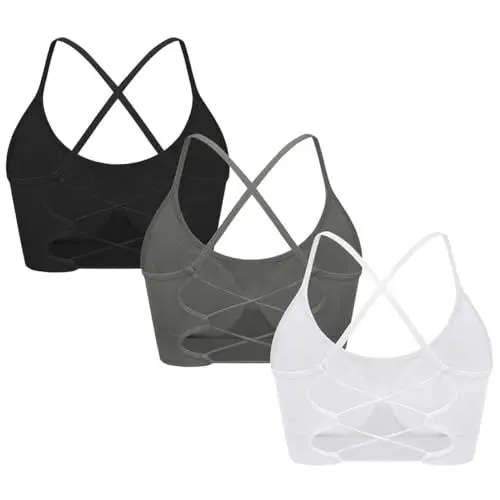 Produktbild: ANGOOL Sport BH Damen ohne Bügel Crossback Spaghettiträger Bustier Damen Abnehmbare Gepolstert Seamless Rückenkreuz Sport Top Yoga Radfahren Gym, Schwarz+Grau+Weiß, L