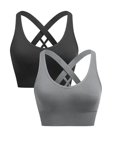 Produktbild: ANGOOL Sport BH Damen ohne Bügel Push Up BH Starker Halt Sport Bustier Damen Gepolstert Crossback Seamless Yoga Joggen Gym Sports Bra, Schwarz+Grau, M