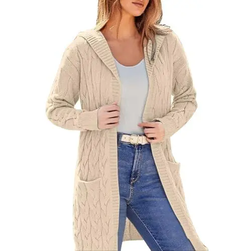 Produktbild: Angxiwan Damen Strickjacke Strickjacke Gestreift Strickpullover Offene Feinstrickpullover Winter Herbst Dicke Strickmantel mit Taschen Flauschiger Langarm Damenstrickjacke Sweatjacke Damen lang