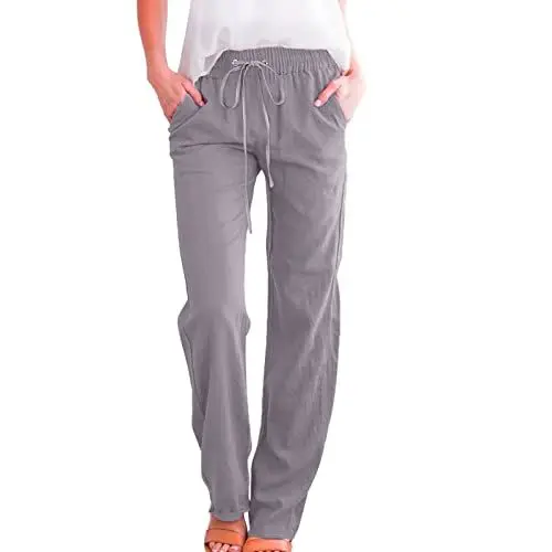 Produktbild: Angxiwan Damenmode Sommer Sale Damen Freizeithose Mit Taschen Leinen Sommerhose Lange Musselin Hose Bermuda Tunnelzug Sommer Stoffhose High Waist Beinhose Lose Haremshose