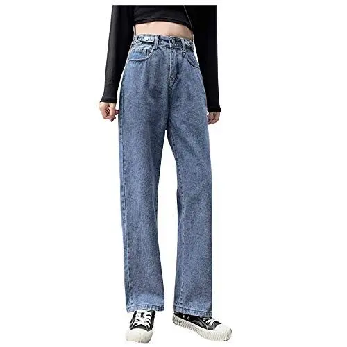 Produktbild: Angxiwan Jeanshose Damen Stretch Boyfriend Stil Denim Weites Bein Hosen Mode Damenjeans Schnitt Straight-Fit Momjeans Übergröße Schlagjeans