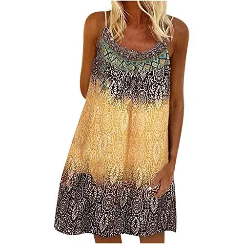 Produktbild: Angxiwan Kleid Jersey Damen Damen Tunika Kleid Boho Minikleid Blumenmuster Midikleid Sexy Hemdkleid Frauen Shirtkleid Strand Partykleid Verkaufsstand Outdoor