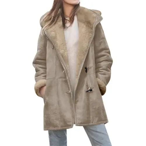 Produktbild: Angxiwan damen-jacken Fleecejacke Lang Teddyfleece Jacke mit Kapuze Große Größen Winterjacke Warm Gefüttert Teddyjacke Winter Jacket for Women Herbst Jacken mäntel für damen