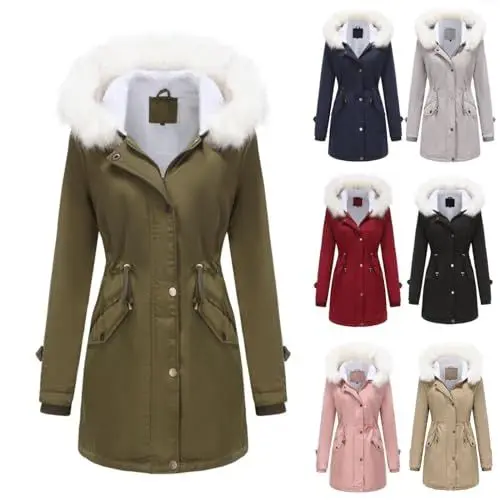 Produktbild: Angxiwan mäntel für damen Winterjacke Lang Warm Jacke Gefüttert Wintermantel Winter Steppjacke mit Kapuze Einfarbig Daunenmantel Langärmelige Mantel Outdoor Parka übergangsjacke damen