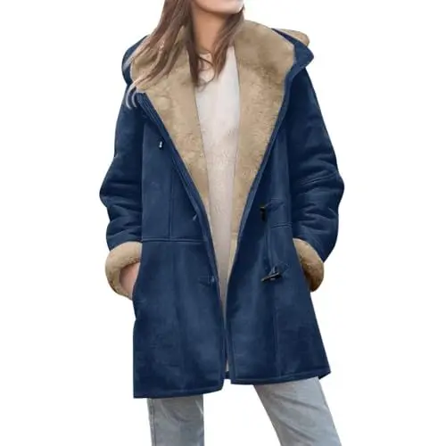 Produktbild: Angxiwan winterjacke Fleecejacke Lang Teddyfleece Jacke mit Kapuze Große Größen Winterjacke Warm Gefüttert Teddyjacke Winter Jacket for Women Herbst Jacken daunenmantel damen