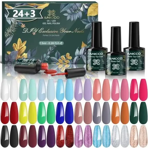 Produktbild: Anicco UV Nagellack Set, 27 Stück Gel Nagellack UV Farbgel Set, mit Unterlack & Glänzender Überlack & Matte Überlack, UV Lack Gel Nail Polish für Nagel Design