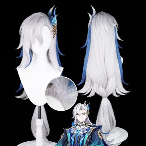 Produktbild: Anime Cosplay Perücke, Genshin Impact Perücke, mit zwei Perückenkappen, für Halloween, Party & etc. (Neuvillette Cosplay)