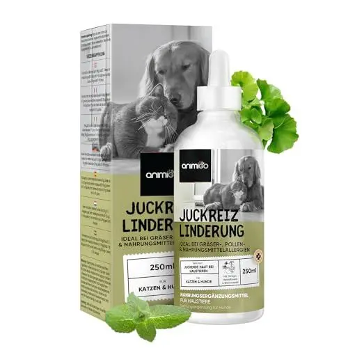Produktbild: Anti Juckreiz Tropfen für Hunde & Katzen - 250ml gegen juckende, trockene Haut - Bei Allergien & Grasmilben - Fellpflege mit Brennnessel & Ginkgo - Futterzusatz - Alternative zu Tabletten - animigo