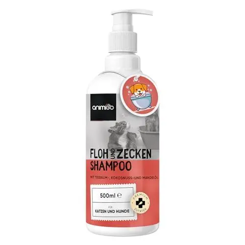 Produktbild: animigo Flohshampoo Hund & Katzen 500ml - Flohmittel mit Teebaumöl - Gegen Zecken, Flöhe & Juckreiz - Alternative zu Flohspray, Zeckenhalsband, Flohkamm - Mit Kokosöl, Mandelöl - Natürliche Zutaten