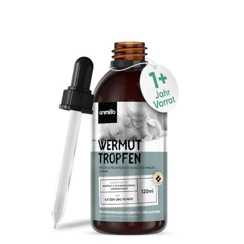 Produktbild: animigo Wurmkur Katzen & Hunde - 120ml Tropfen - 1+ Jahr Vorrat - Entwurmungsmittel mit Wermut - Alternative zu Tabletten - Wurmmittel für Magen & Darmgesundheit - Natürlichen Zutaten