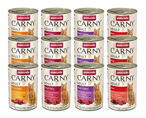 Produktbild: Carny Katzen Nassfutter Mix Herzhafte Variation (12 x 400g), Katzen Nassfutter ohne Getreide und Zucker für ausgewachsene Katzen von animonda mit frischen fleischlichen Zutaten