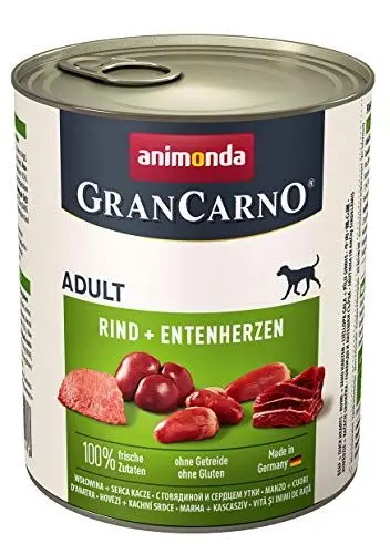 Produktbild: animonda GranCarno Hunde Nassfutter mit Rind + Entenherzen (6 x 800 g), getreidefreies Hundenassfutter ohne Zucker, für ausgewachsene Hunde, mit frischen fleischigen Zutaten