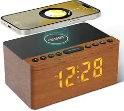 Produktbild: ANJANK Hölzerner Bluetooth-Lautsprecher Radiowecker Digital,Kabellose Ladestation für iPhone/Samsung,0-100% Dimmbares Display,USB-Ladeanschluss,Sleep Timer,Digitale Holzuhr für Schlafzimmer Nachttisch