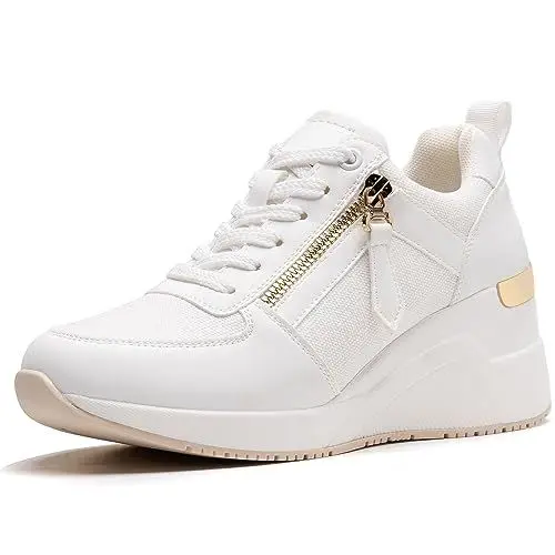 Produktbild: ANJOUFEMME Sneaker mit Keilabsatz Schuhe Damen Weiss - Turnschuhe mit Absatz Damen, Plateau Sneaker Damen, Plateau Sportschuhe Damen, Wedges Sneaker Damen Keilabsatz W139-FN-DE-WHITE-38