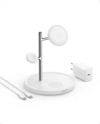 Produktbild: Anker MagGo 3-in-1 Kabellose Ladestation, 15W kabelloser Ladeständer, MagSafe-kompatibel, Qi2-zertifiziert, für iPhone 16/15/14/13 Serie, AirPods Pro, Apple Watch Ultra (Mit USB-C Netzteil und Kabel)