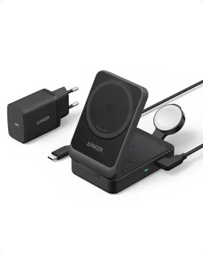 Produktbild: Anker MagGo 3-in-1 Ladestation, Qi2 zertifizierter 15W kabelloser Ladeständer, MagSafe kompatibel, Apple Watch Ladegerät, Für iPhone 16/15/14, AirPods, Apple Watch 9 (Mit 40W USB-C Netzteil)