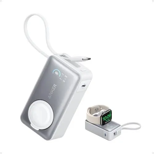 Produktbild: Anker MagGo Powerbank für Apple Watch, offiziell Zertifiziert, 10.000mAh kompaktes Akkupack mit integriertem USB-C-Kabel, 35W Max., für iPhone 16, iPhone 15 Serie, iPad, AirPods und mehr