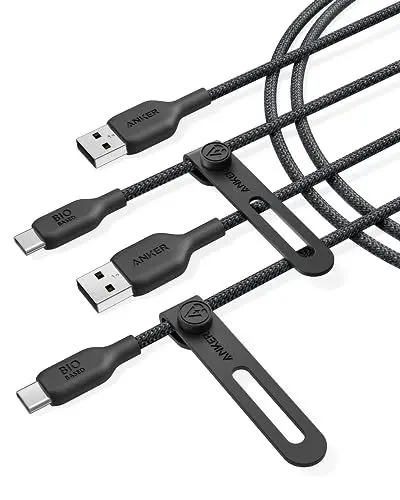 Produktbild: Anker USB C Kabel Bio geflochten (2er-Pack, 180cm), Haltbare strapazierfähig USB A auf USB C Ladekabel, Mit Ladeschutz, Kompatibel mit iPhone 16/15, Galaxy, Huawei, Smartphone (USB 2.0, Schwarz)