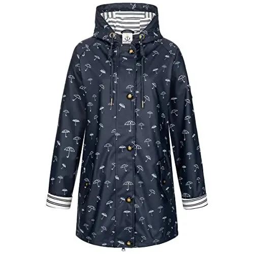 Produktbild: Ankerglut Damen Friesennerz Regenmantel Kapuze Gefüttert Wasserdicht Wetterfest Übergangsjacke #ankerglutbucht Regenjacke, Navy, 42