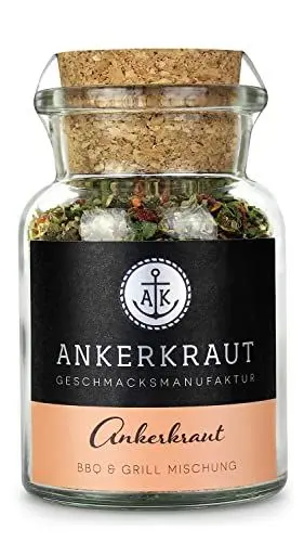 Produktbild: Ankerkraut BBQ und Grill Gewürzmischung, das Original Gewürz, mit Knoblauch und Oregano, Allrounder mit leicht scharfer Note, 70 g im Korkenglas
