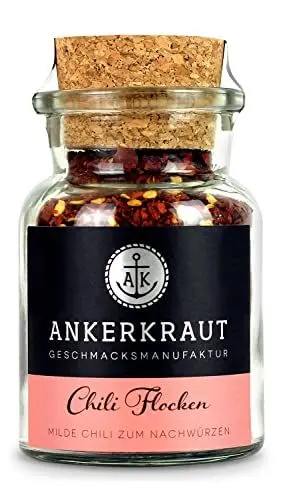 Produktbild: Ankerkraut Chili Flocken, 65g im Korkenglas, grob gemahlene Chili-Schoten zum Würzen, Gewürz für jedes Gericht, milde prickelnde Schärfe-Aroma lecker kochen