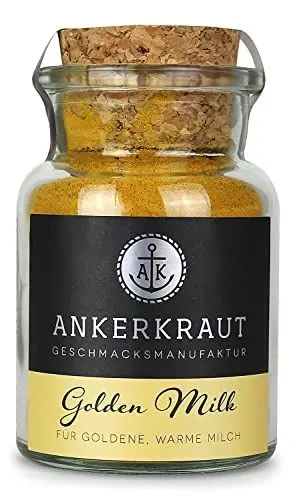 Produktbild: Ankerkraut Golden Milk Goldene Milch Gewürz, für Kurkuma-Latte, Macchiato, Kaffe oder Cappuccino, mit Ingwer, Muskat, Pfeffer, Zimt, 75 g im Korkenglas
