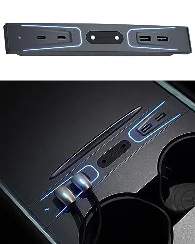 Produktbild: ANKEWAY Mittelkonsolen USB Hub für Tesla Model 3 Model Y 2023 2022 2021, Docking Station der Mittelkonsole mit 8 Lichtfarben und 3 Blinkmodi, Tesla Model Y Model 3 Zubehör
