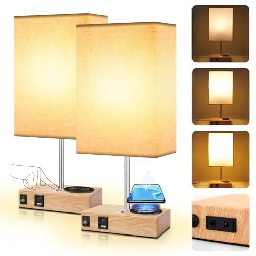 Produktbild: Ankishi Nachttischlampe Touch Dimmbar, LED Tischlampe mit Kabellosem Laden/USB A+C-Anschluss/AC Buchsen, Nachttischlampe mit Ladefunktion, E27 Nachttisch 2er Set, Tischleuchte Schlafzimmer Nachtlicht
