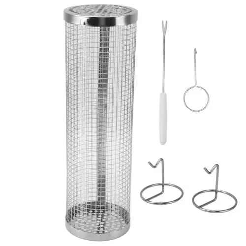 Produktbild: ANKROYU BBQ-Netzrohr, zylinderförmiger Grillkorb aus Edelstahldrahtgeflecht mit Gabelhaken, tragbarer rollender Grillkorb für Grillcamping im Freien (L 2800 ML)