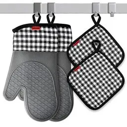 Produktbild: Ankway Ofenhandschuh und Topflappen Set, Topfhandschuhe Silikon Anti-Rutsch Hitzebeständige Silikon und Baumwolle, 1 Paar Backhandschuhe Kochhandschuhe und 2 Topflappen für Kochen Backen Grillen, Grau