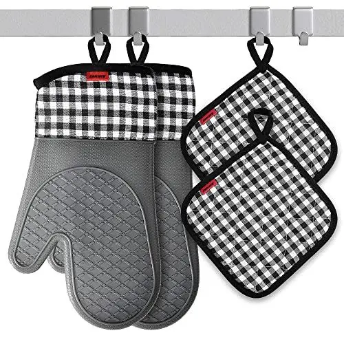 Produktbild: Ankway Ofenhandschuh und Topflappen Set, Topfhandschuhe Silikon Anti-Rutsch Hitzebeständige Silikon und Baumwolle, 1 Paar Backhandschuhe Kochhandschuhe und 2 Topflappen für Kochen Backen Grillen, Grau