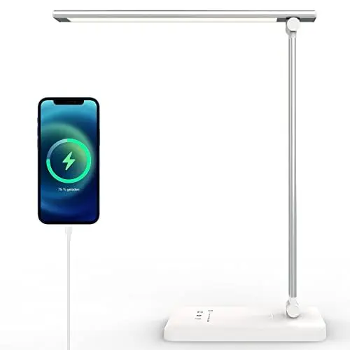 Produktbild: Anmossi Schreibtischlampe LED, Dimmbare Tischlampe für Büro Zimmer,5 Farb und 5 Helligkeitsstufen,Memory-Funktion,USB-Anschluss für Aufladung Smartphones,Augenschutz Tischleuchte für Kinder
