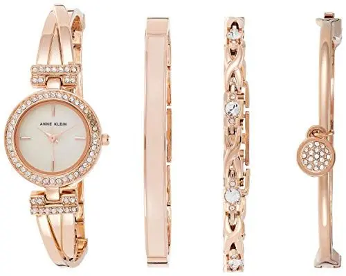 Produktbild: Anne Klein Damen-Set mit hochwertiger roségoldfarbener Armreifuhr und Armband mit Kristallakzenten