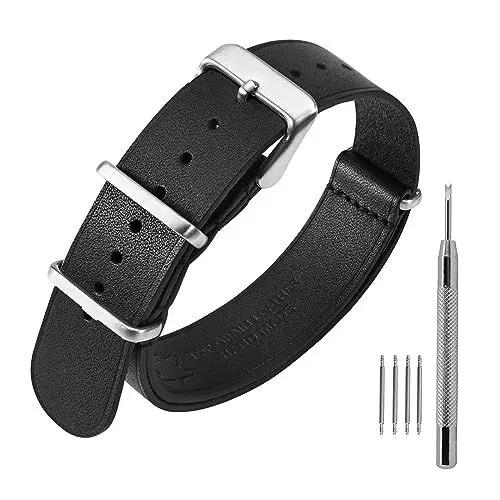 Produktbild: ANNEFIT Leder Uhrenarmband 18mm, Echtes Kalbsleder Einteiliges Militär Uhrenarmbänder für Herren und Damen mit Gebürstete Silberschnalle (Schwarz)
