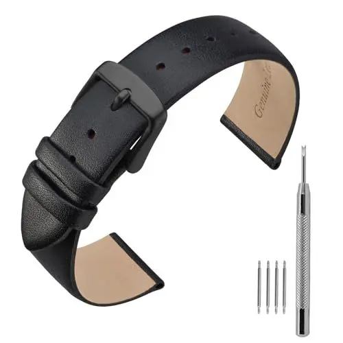 Produktbild: ANNEFIT Leder Uhrenarmband, Armband 20mm mit Schwarz Schnalle, Kompatibel mit Intelligenten und Traditionellen Uhren (Schwarz)