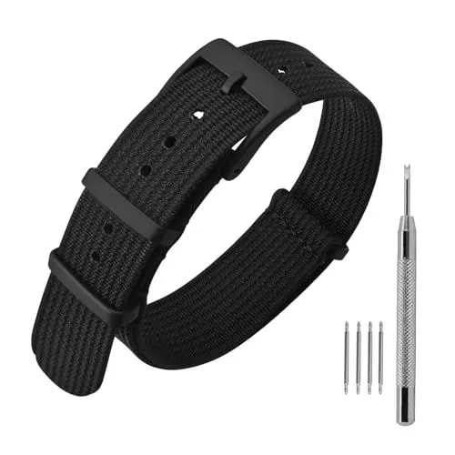 Produktbild: ANNEFIT Nylon Uhrenarmbänder 20mm mit Edelstahl Metall Schwarz Schließe, Sport Atmungsaktive Ersatzarmband (Schwarz)