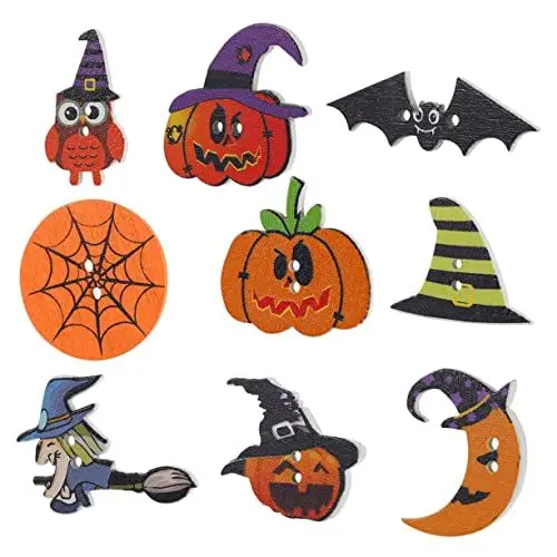 Produktbild: Anneome 50 Stück bemalte Holzknöpfe zum Basteln Halloween dekorative Knöpfe Abdeckung zum Nähen Stricken Scrapbooking