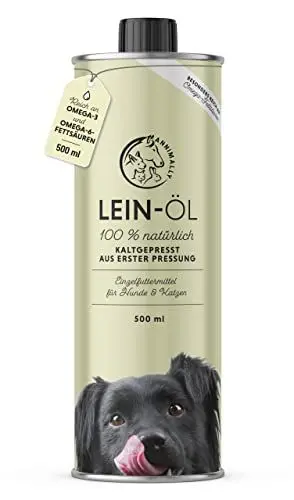 Produktbild: Annimally Leinöl für Hunde 500ml - Leinsamenöl kaltgepresst reich an Omega 3 & 6 Fettsäuren & Vitamin B - Barf Öl für Hund, Katze und Pferd geeignet I Reines Naturprodukt aus Deutschland